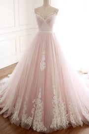 Blushing Pink V-Neck Criss Cross Straps A-Line Lace Tulle Long Wedding Dresses