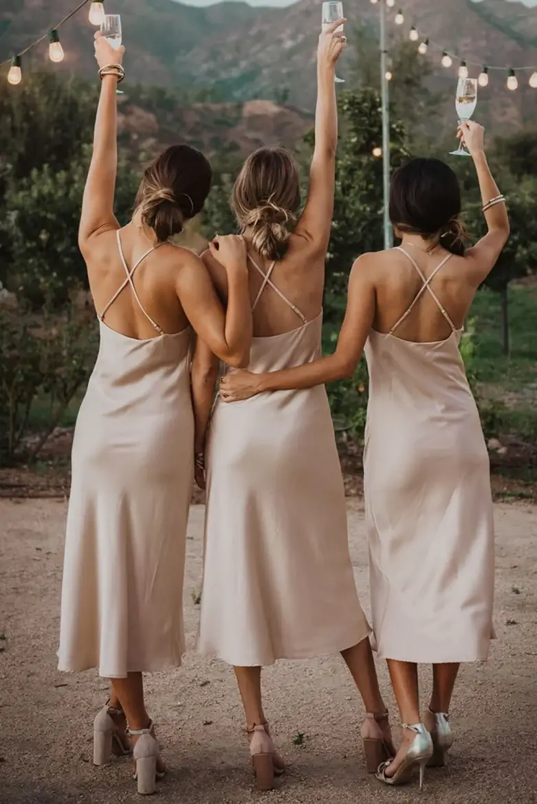 Column Cowl Neck Sleeveless Satin Tea-Length Bridesmaid Dresses