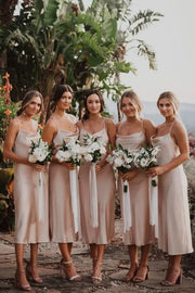 Column Cowl Neck Sleeveless Satin Tea-Length Bridesmaid Dresses