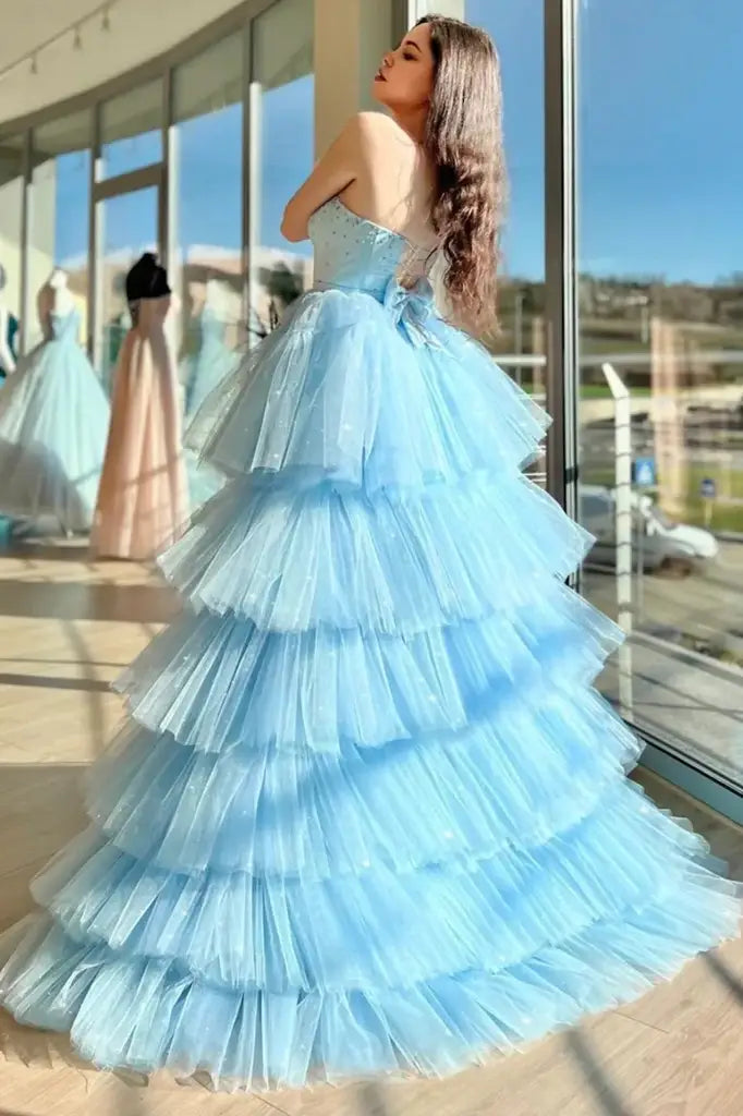 Light Blue Tiered Hi-Lo A-Line Tulle Evening Prom Dresses with Beads