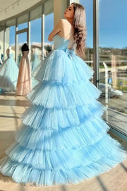 Light Blue Tiered Hi-Lo A-Line Tulle Evening Prom Dresses with Beads