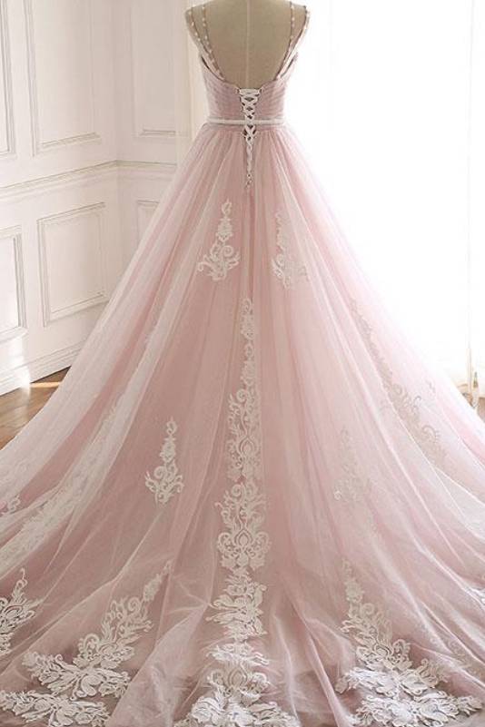 Blushing Pink V-Neck Criss Cross Straps A-Line Lace Tulle Long Wedding Dresses