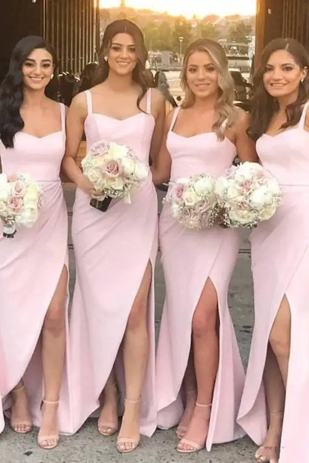 Pink Long Mermaid Satin Sleeveless Bridesmaid Dresses with Slit