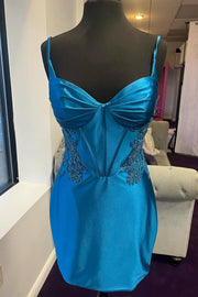 Ocean Blue Spaghetti Straps Sweetheart Short Mermaid Satin Homecoming Dresses with Beading