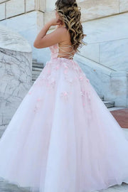 Blushing Pink Spaghetti Straps Ball Gown Tulle Prom Party Dresses with Flowers