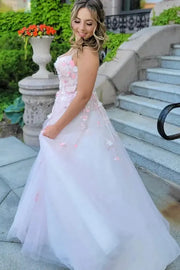 Blushing Pink Spaghetti Straps Ball Gown Tulle Prom Party Dresses with Flowers