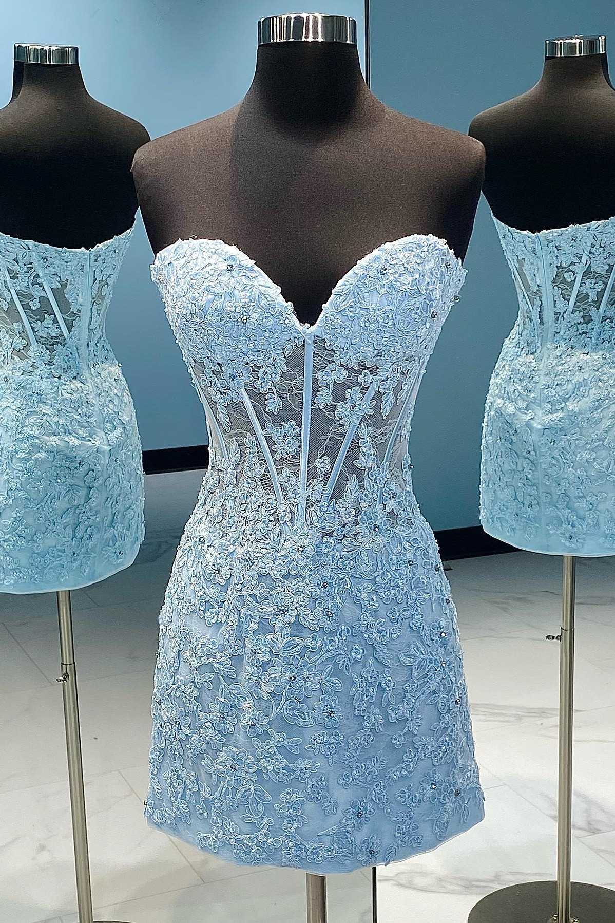 Sky Blue Sweetheart Strapless Lace Sheath Short Homecoming Dresses with Appliques