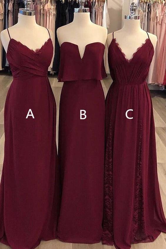 Burgundy Long A-Line Chiffon Sleeveless Bridesmaid Dresses