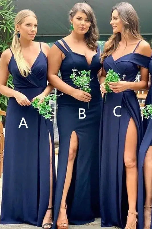 Chic Floor-Length V-Neck Satin Bridesmaid Dresses with Slit