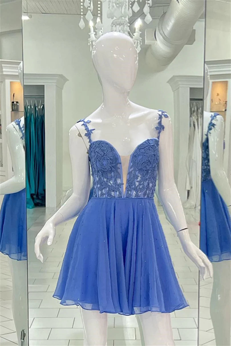 Blue V-Neck Sleeveless A-Line Short Chiffon Homecoming Dresses with Appliques