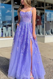 Lavender Floor-Length Sleeveless A-Line Tulle Appliques Party Dresses with Slit