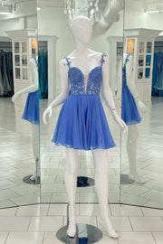 Blue V-Neck Sleeveless A-Line Short Chiffon Homecoming Dresses with Appliques