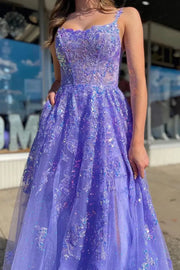 Lavender Floor-Length Sleeveless A-Line Tulle Appliques Party Dresses with Slit