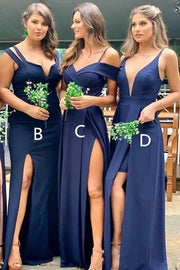 Chic Floor-Length V-Neck Satin Bridesmaid Dresses with Slit