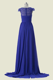 Royal Blue A-Line Cap Sleeves Chiffon Long Bridesmaid Dresses