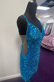 Ocean Blue Sequined Spaghetti Straps Deep V-Neck Column Short Homecoming Dresses