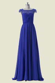 Royal Blue A-Line Cap Sleeves Chiffon Long Bridesmaid Dresses