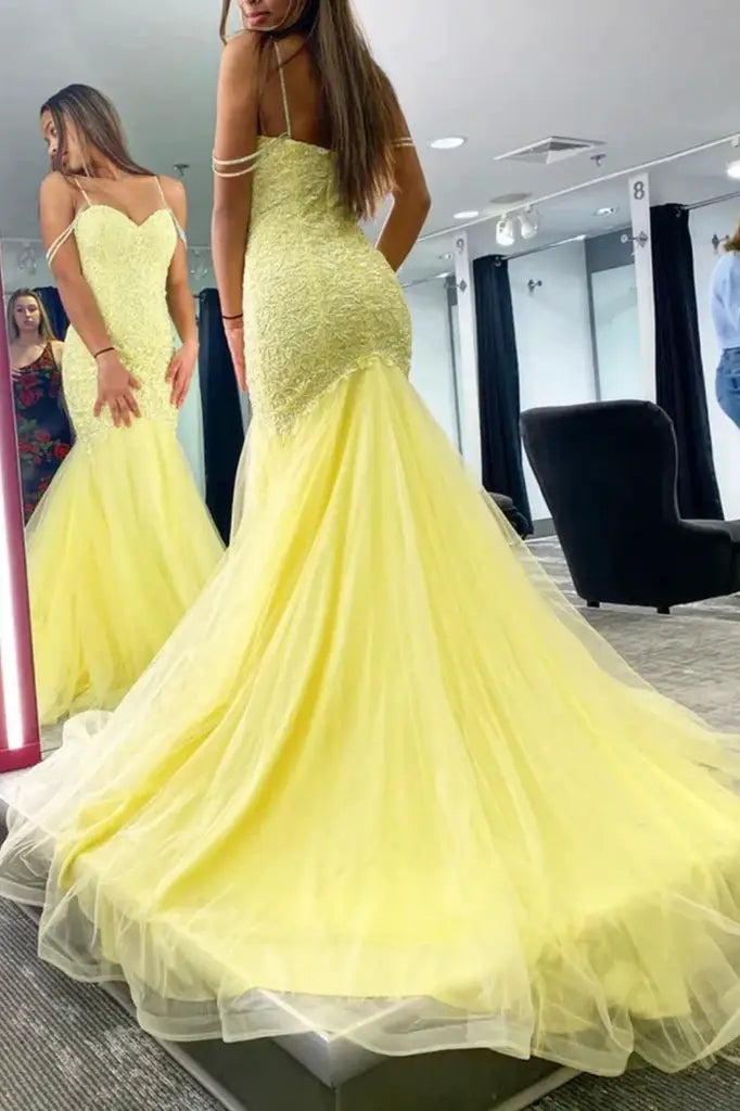 Daffodil Spaghetti Straps Long Mermaid Tulle Evening Dresses