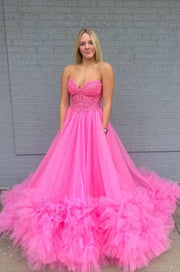 Fuchsia Sweetheart Strapless A-Line Tiered Long Tulle Prom Dresses