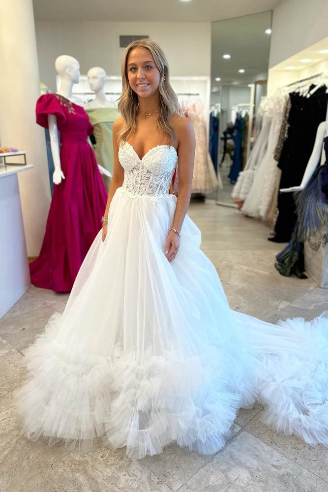 White Sweetheart Strapless A-Line Tiered Long Tulle Prom Dresses