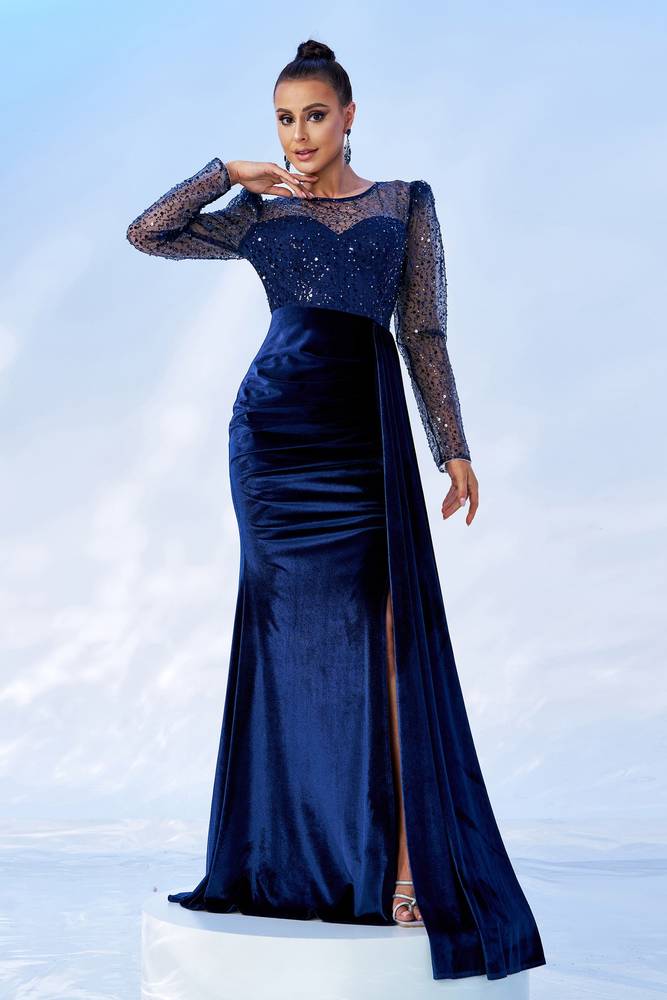 Jewel Neck Long Sleeves Mermaid Velvet Sequin Evening Dresses with Slit