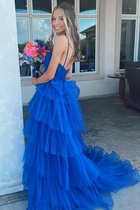 Blue Exquisite Sleeveless Tiered Tulle Long A-Line Formal Dresses with Handmade Flower