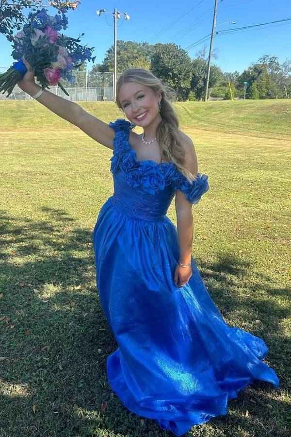 Royal Blue Off-The-Shoulder A-Line Tulle Prom Dresses with Flowers