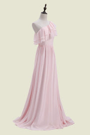 Blushing Pink One-Shoulder Sleeveless A-Line Long Chiffon Bridesmaid Dresses