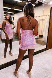 Pink Sequined Spaghetti Straps Tight Homecoming Dresses