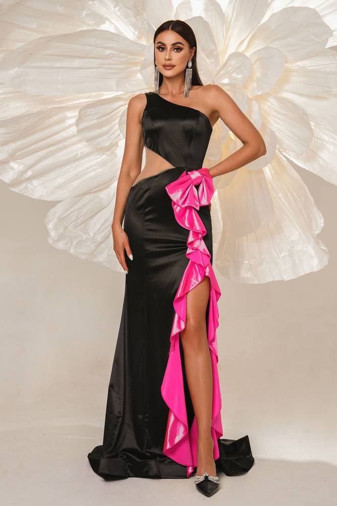 Black One-Shoulder Mermaid Satin Split Front Evening Dresses with Ruffles