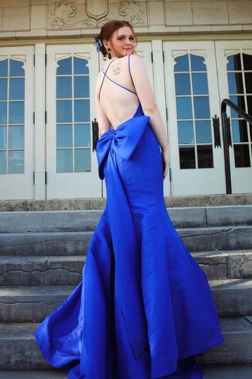 Royal Blue Mermaid Satin Backless Prom Dresses with Bow