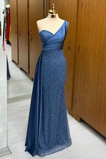 Deluxe Floor-Length Mermaid One Shoulder Sequined Satin Prom Dresses