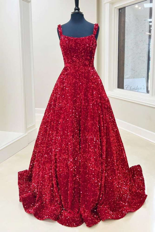 Red Square A Line Long Prom Dress with Sparkly Sequins Front Side.