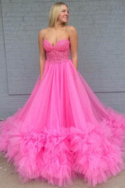 Fuchsia Sweetheart Strapless A-Line Tiered Long Tulle Prom Dresses