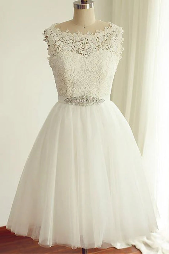 White Jewel Neck Sleeveless A-Line Lace Tulle Wedding Dresses