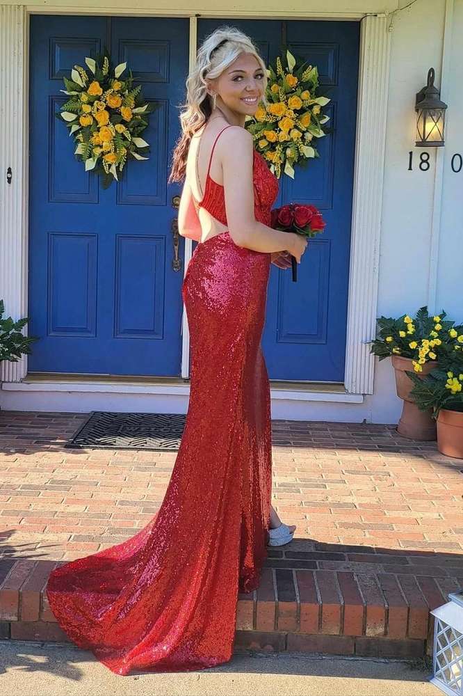 Red V-Neck Mermaid Sequined Evening Prom Dresses