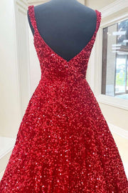 Red Square Neck Sleeveless Sequined Ball Gown Long Prom Dresses