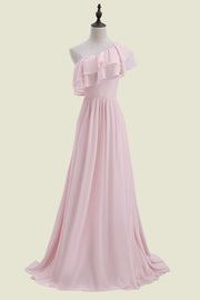 Blushing Pink One-Shoulder Sleeveless A-Line Long Chiffon Bridesmaid Dresses