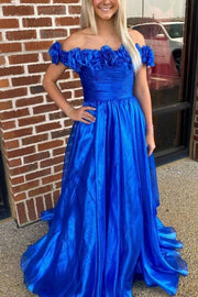 Royal Blue Off-The-Shoulder A-Line Tulle Prom Dresses with Flowers