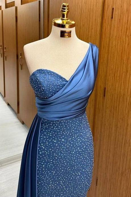 Deluxe Floor-Length Mermaid One Shoulder Sequined Satin Prom Dresses