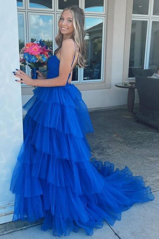 Blue Exquisite Sleeveless Tiered Tulle Long A-Line Formal Dresses with Handmade Flower