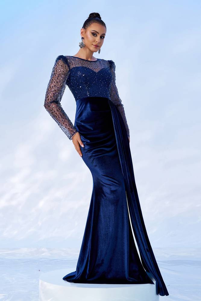 Jewel Neck Long Sleeves Mermaid Velvet Sequin Evening Dresses with Slit