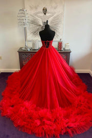 Red Sweetheart Strapless A-Line Tiered Long Tulle Prom Dresses