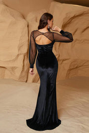 Black Long Sleeves Mermaid Velvet Tulle Evening Dresses with Slit