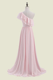 Blushing Pink One-Shoulder Sleeveless A-Line Long Chiffon Bridesmaid Dresses