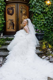 White Trendy Deep V-Neck Tiered A-Line Tulle Wedding Dresses with Cathedral Train