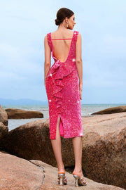 Fuchsia Tea-Length V-Neck Mermaid Sequin Evening Dresses