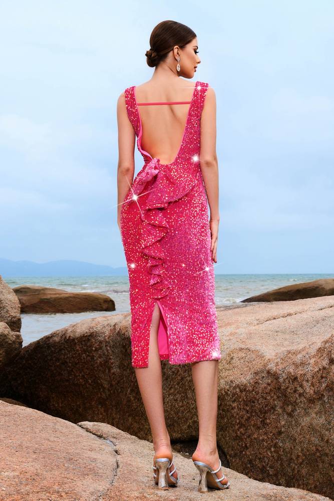 Fuchsia Tea-Length V-Neck Mermaid Sequin Evening Dresses