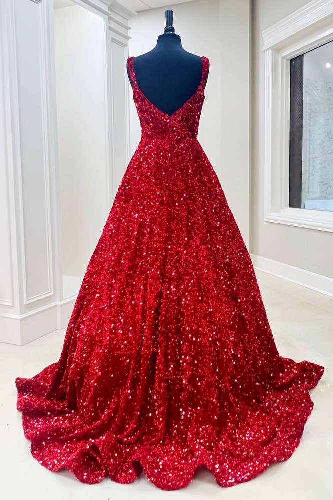 Red Square Neck Sleeveless Sequined Ball Gown Long Prom Dresses