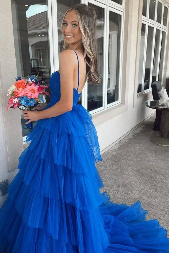 Blue Exquisite Sleeveless Tiered Tulle Long A-Line Formal Dresses with Handmade Flower